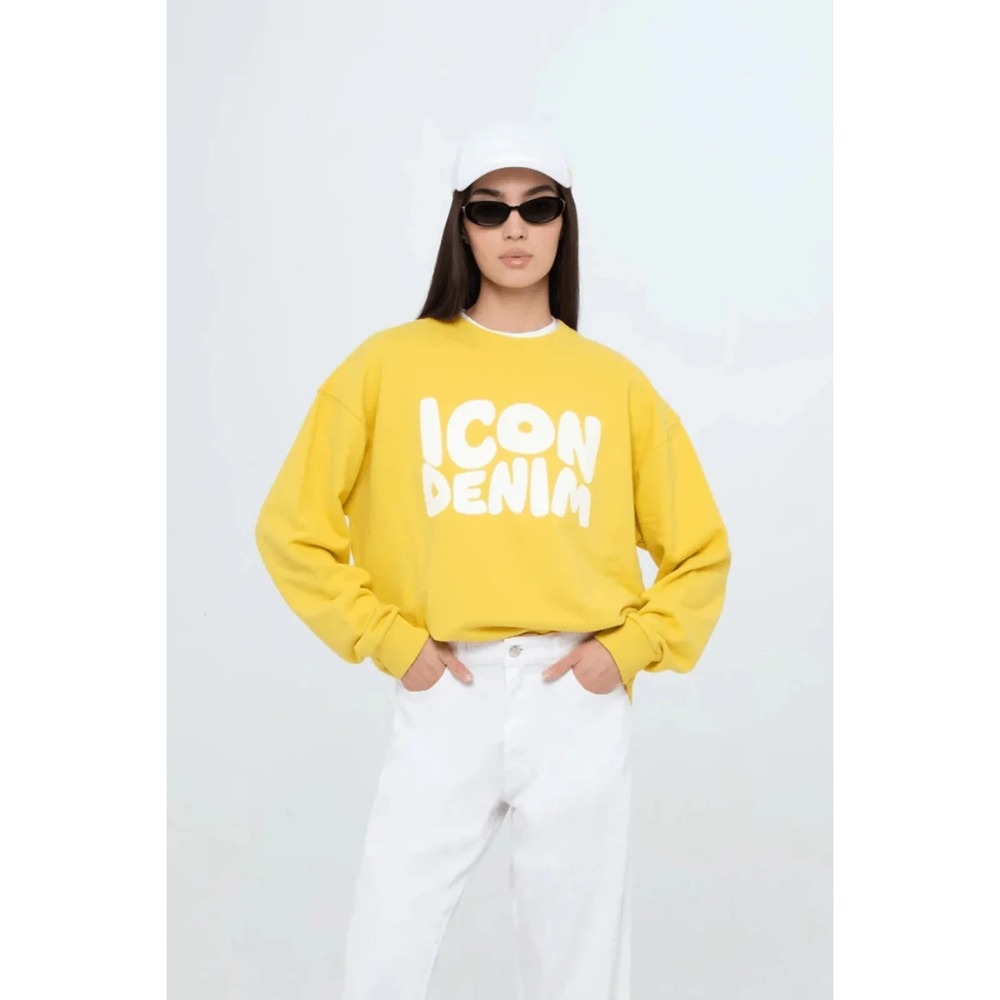 Icon Denim Jamie Sweatshirt Womens M Spell Out Yellow Graphic Logo‎